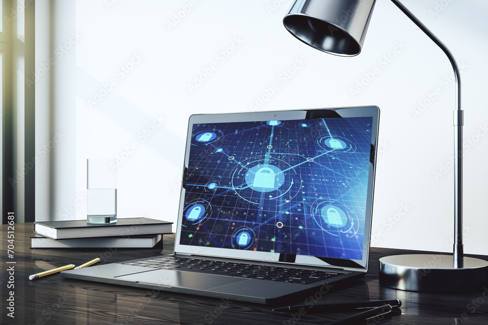 Aufkleber Computer monitor with creative light lock illustration and microcircuit, cyber security concept. 3D Rendering