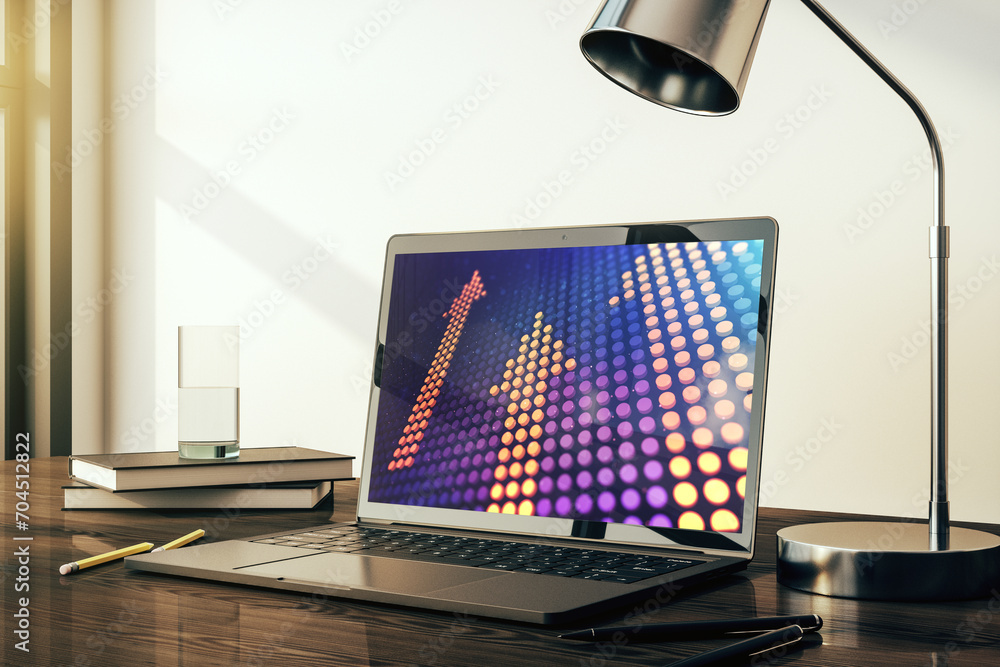 Poster creative abstract upward arrows hologram on modern computer monitor, leadership and motivation conce