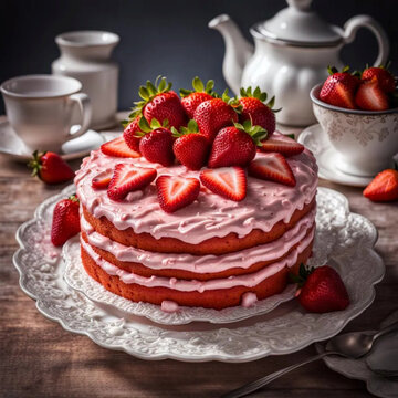 This mouth-watering image of a fresh strawberry cake is perfect for any food lover.