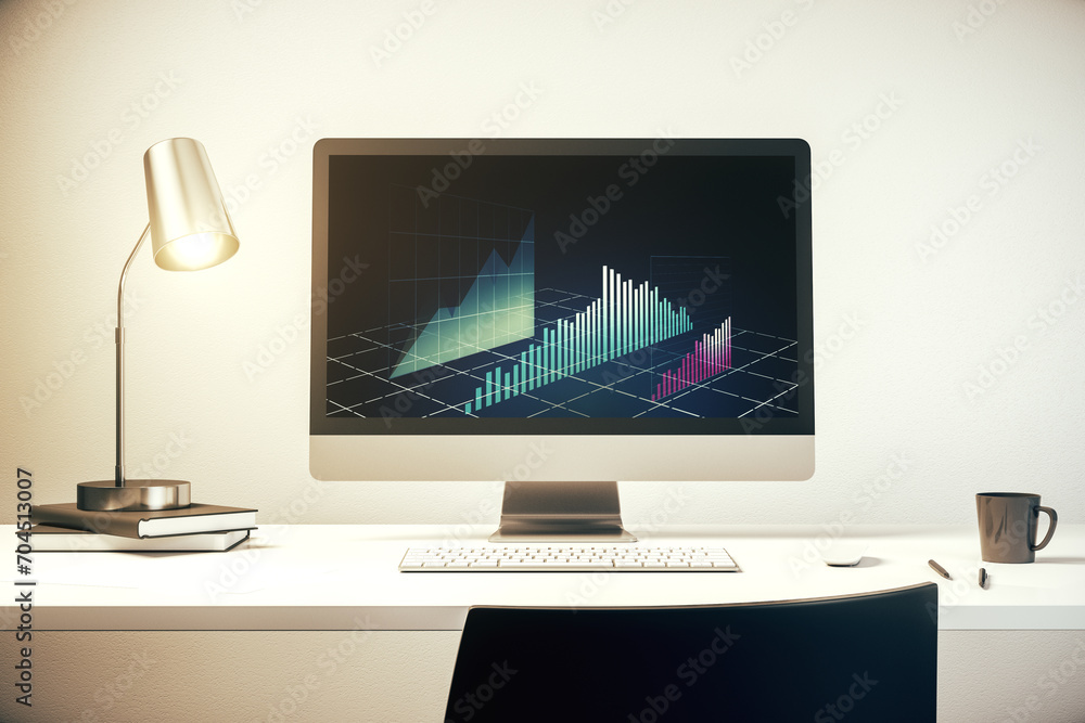Poster modern computer screen with abstract creative financial chart, research and analytics concept. 3d re