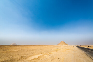 Wide angle view of the Red Pyramid and the Bent Pyramid at Dahshur, Egypt