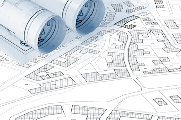 Imaginary cadastral map with buildings, land parcel and vacant plot - land records and property...