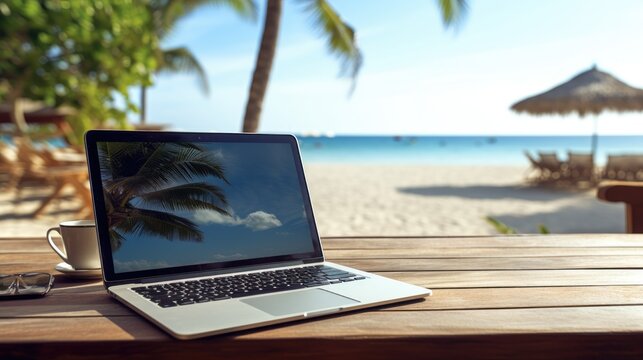 Image of laptop on the beach. you can see and mockup the desktop