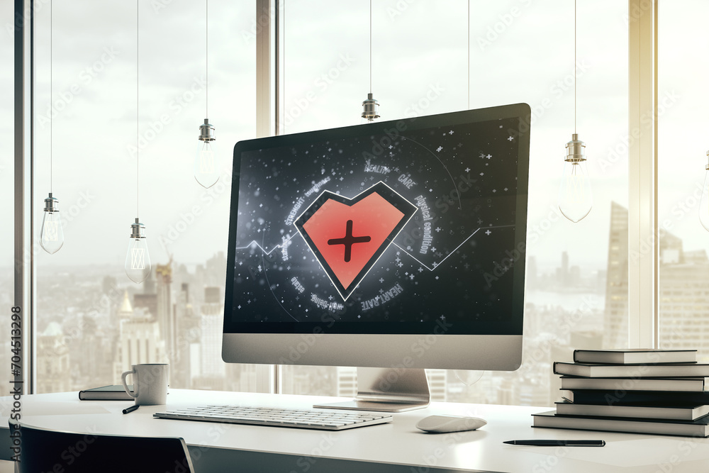 Poster creative abstract heart rate sketch on modern laptop monitor, medicine and healthcare concept. 3d re
