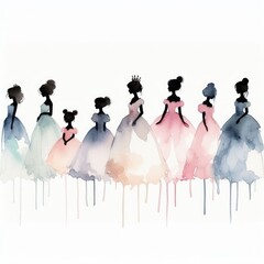 Silhouette of bride's wedding party, fairy tale princesses.