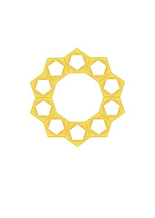 Yellow ring-shaped arrangement of ten elements based on pentagons, abstract modern design, frame, border