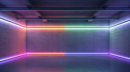 Obraz premium Empty modern concrete room with fluorescent neon tube ceiling lights, Multicolor colors