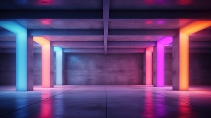 Empty modern concrete room with fluorescent neon tube ceiling lights, Multicolor colors