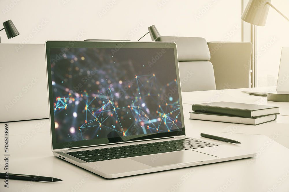 Aufkleber Creative abstract wireless technology hologram on modern computer monitor, artificial intelligence and machine learning concept. 3D Rendering