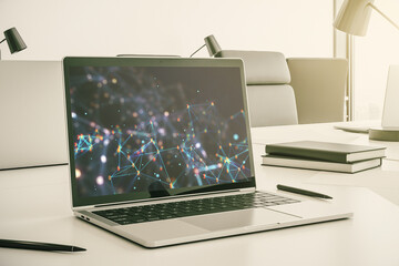 Creative abstract wireless technology hologram on modern computer monitor, artificial intelligence and machine learning concept. 3D Rendering