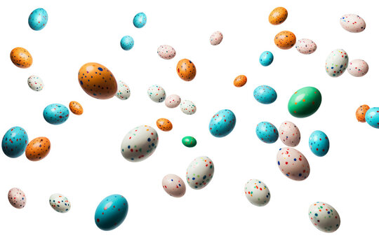 flying painted easter eggs isolated on transparent background