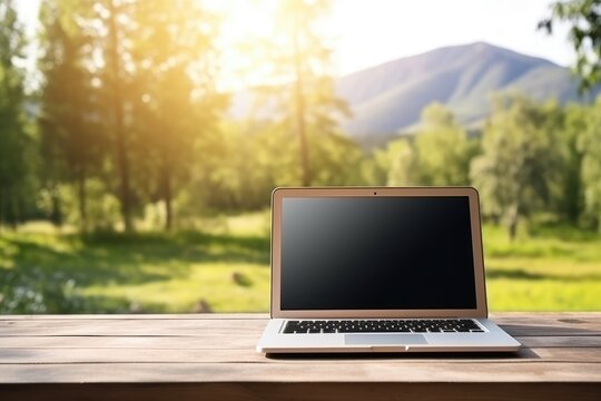 Front laptop view, hands typing on the keyboard, nature background 