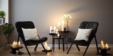 Black plate with white candles in a multifunctional living room with designed chairs.