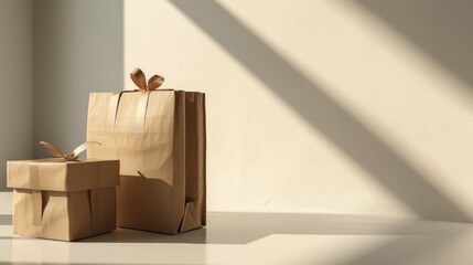 Craft paper packaging bag with box on the floor
