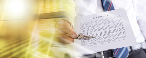 Real estate agent giving keys with contract; multiple exposure