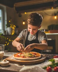 Artisan pizza chef child creating a rustic pizza ingredients in a dark kitchen