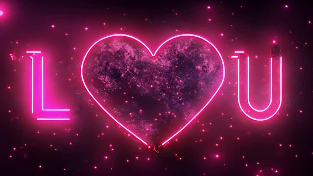 I love U in neon lights sparkling. Heart valentine day I Love You Neon Text Drawing Line Animation in dark Background. Colorful Love Concept. Creative Idea. made of pink neon light on wall. festive Ha