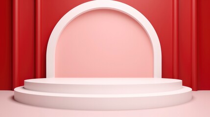 Abstract 3D red room with white cylinder pedestal or stand podium. Valentine day minimal scene product display presentation
