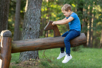 Wooden balance swings with horse head in a forest footpath playground, and happy little boy on...
