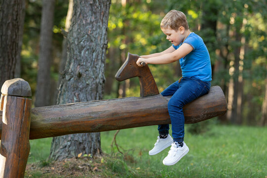 Wooden balance swings with horse head in a forest footpath playground, and happy little boy on them. Horizontal photo