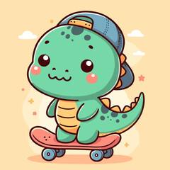 little dino playing skate board vector illustration
