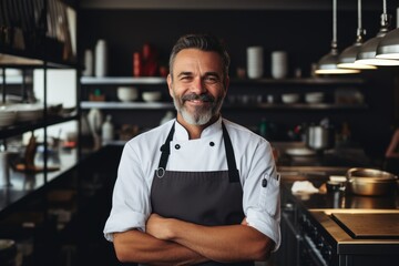 Fototapeta premium Middle aged caucasian european kitchen chef in a modern restaurant kitchen smiling , 
