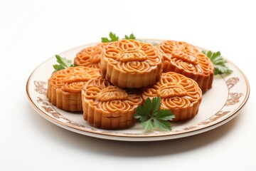 Traditional Chinese mid autumn festival mooncake on white plate