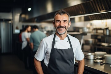 Fototapeta premium Middle aged caucasian european kitchen chef in a modern restaurant kitchen smiling , 