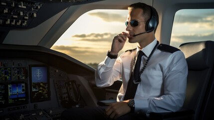 Modern photo of a commercial pilot talking on his cell phone in the cockpit
