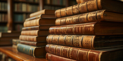 Old leather-bound books stacked high, intricate gold detailing on the spines, set on a rich wooden...