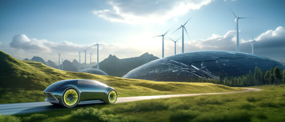 future of sustainable transportation in this image, where a windmill harnesses wind energy to power electric cars. alternative and renewable energy, symbolizing a greener - obrazy, fototapety, plakaty