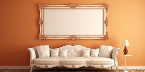 Sofa in room with picture frame.