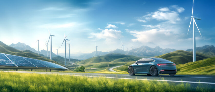 future of sustainable transportation in this image, where a windmill harnesses wind energy to power electric cars. alternative and renewable energy, symbolizing a greener