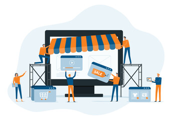 business people team working developer and designer team create an online store shop concept. partnership collaboration. flat vector illustration cartoon character design
 - obrazy, fototapety, plakaty
