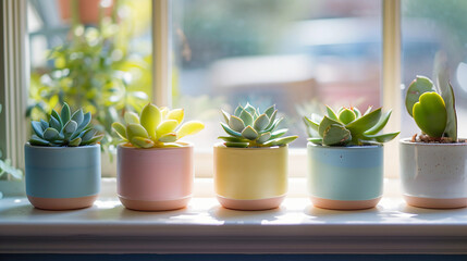handmade ceramic plant pots in pastel colors, each holding a different succulent, set on a windowsill - obrazy, fototapety, plakaty