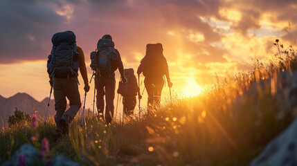 group of friends hiking up a hill, backpacks and hiking poles visible, sun setting behind them - obrazy, fototapety, plakaty