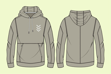 mens long sleeve hoodie jacket flat sketch vector illustration. jogging, running, gym sports activities front and back apparel template