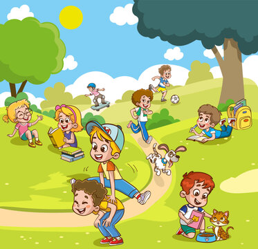 Vector illustration of happy children playing in the park.