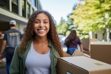 Young female college student moving her stuff out of home to a college dorm with her smiling parents in the background