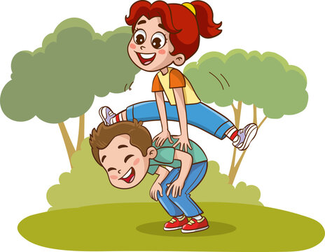 kids playing piggyback ride in park clip art preview