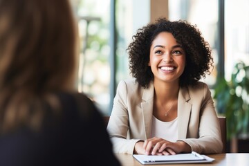 Photo of Happy hiring manager interviewing a job candidate in her office