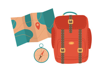 Travel, adventures banner. Red camping Backpack, terrain map and compass. Equipment for travel, nikes, trips tourism, voyage, vacation isolated. Flat vector illustration of traveler's luggage. - obrazy, fototapety, plakaty