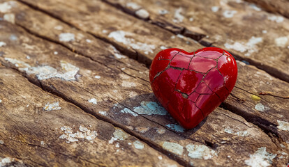 un cœur rouge en céramique, brisé, posé sur des planches en bois