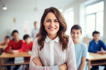 Portrait of smiling teacher in a class at elementary school looking at camera with learning students on background,