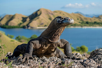 A Komodo Dragon in a guardian-like pose along the coastal rocks