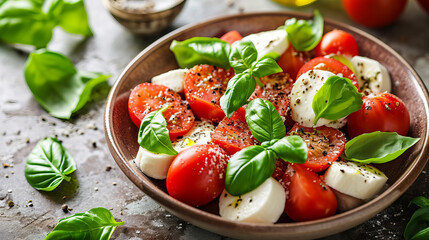 salad with slices of tomatoes and mozzarella with basil and olive oil, sprinkled with some spices - obrazy, fototapety, plakaty