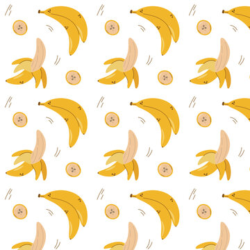 
Cute pattern with yellow bananas on a white background, Peeled banana and a bunch of bananas, Tropical fruit