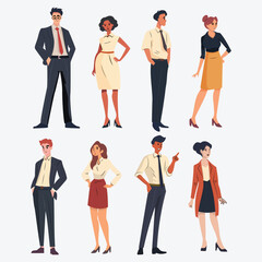 Collection of vector business characters portraying a group of young businesspeople
