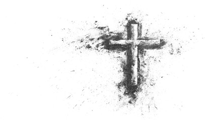 Ashes crucifix cross on white representing Ash Wednesday and the Easter holiday