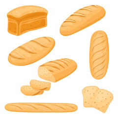 Bread set, bakery icon, sliced fresh wheat bread. Vector isolated on a white background